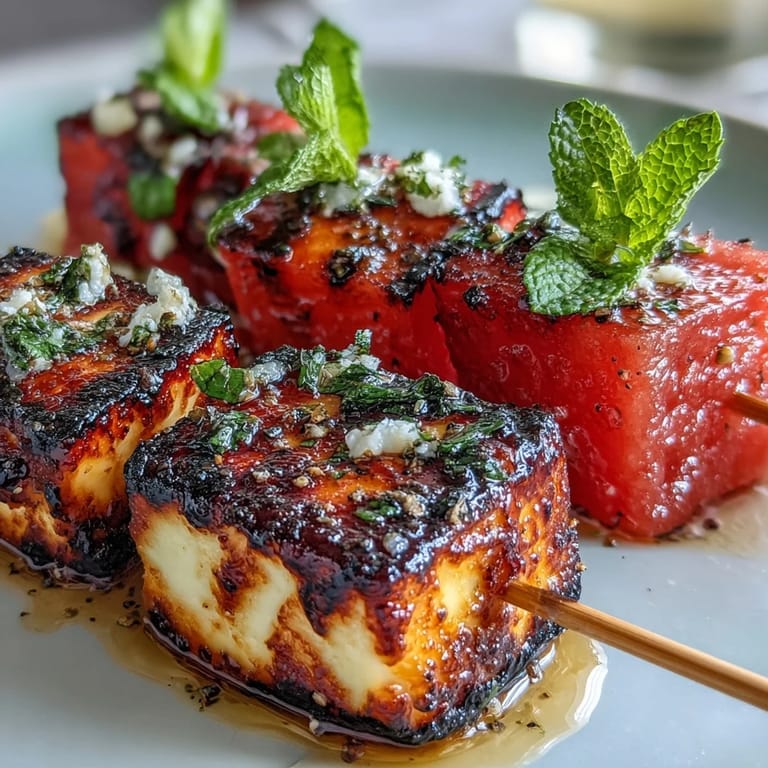 Golden, crispy halloumi cheese and sweet watermelon chunks grilled to perfection, garnished with fragrant mint leaves for a Mediterranean twist.
