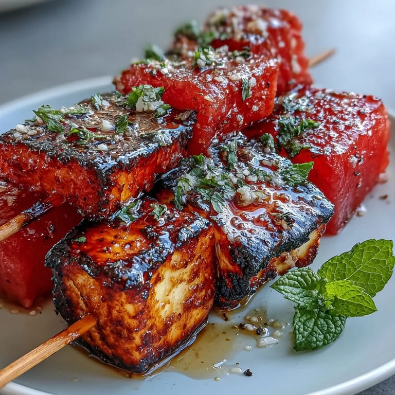 Savory grilled halloumi paired with caramelized watermelon and red onion, served on skewers with fresh mint for a vibrant, vegetarian starter.