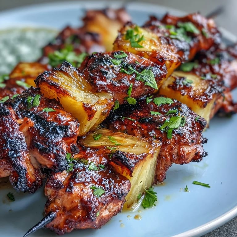 Savory chicken al pastor skewers grilled to perfection, paired with caramelized pineapple for a tropical twist.