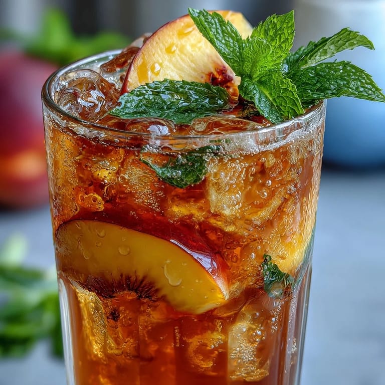 A glass of iced peach green tea lemonade garnished with fresh peach slices and mint leaves, perfect for summer sipping.