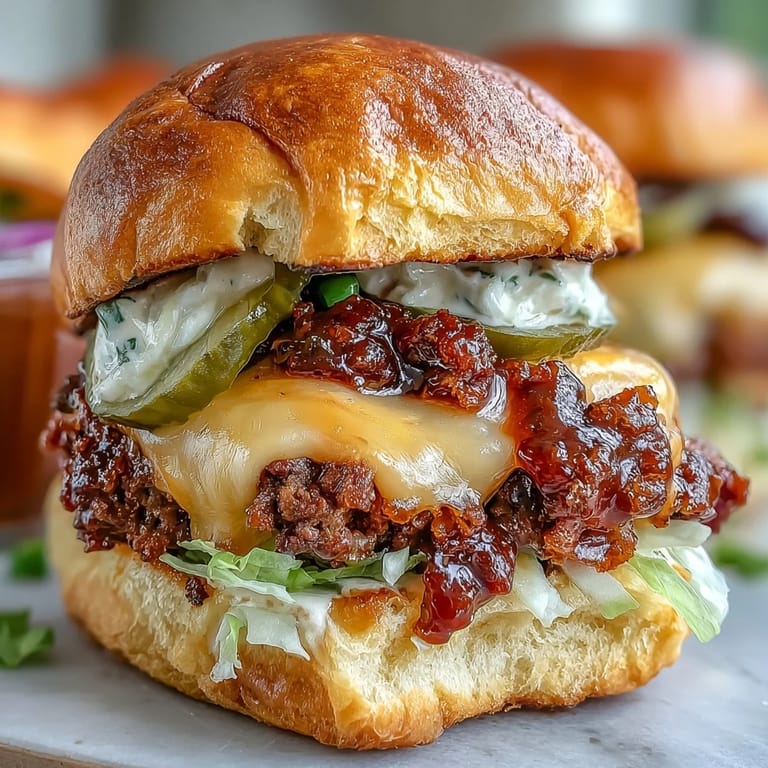 Golden toasted brioche buns stacked with seasoned beef patties, fresh lettuce, pickles, and onions, served hot off the griddle.  