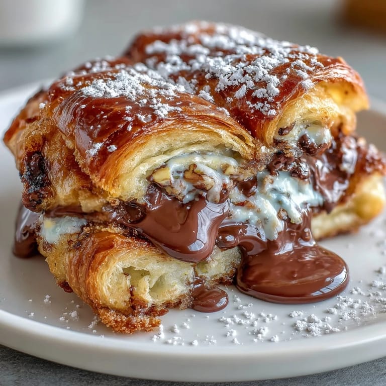 Indulgent breakfast featuring custard-soaked croissants stuffed with chocolate, fried golden brown, and finished with a sprinkle of pistachios.