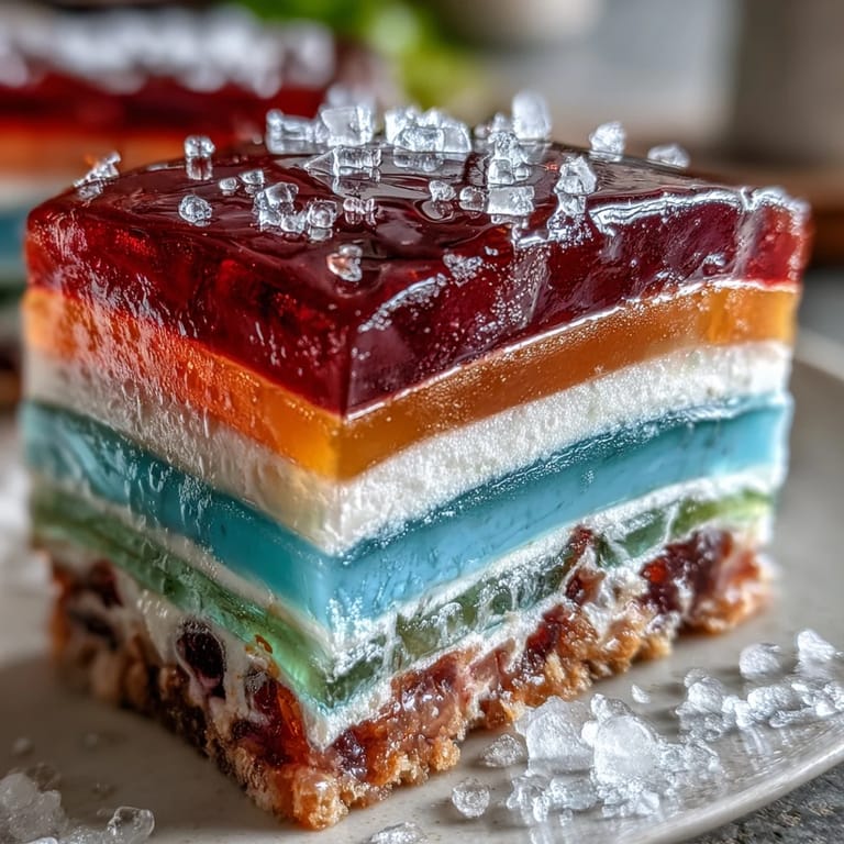 Layered rainbow agar-agar jelly cake with silky coconut cream, a stunning dairy-free dessert perfect for summer celebrations.