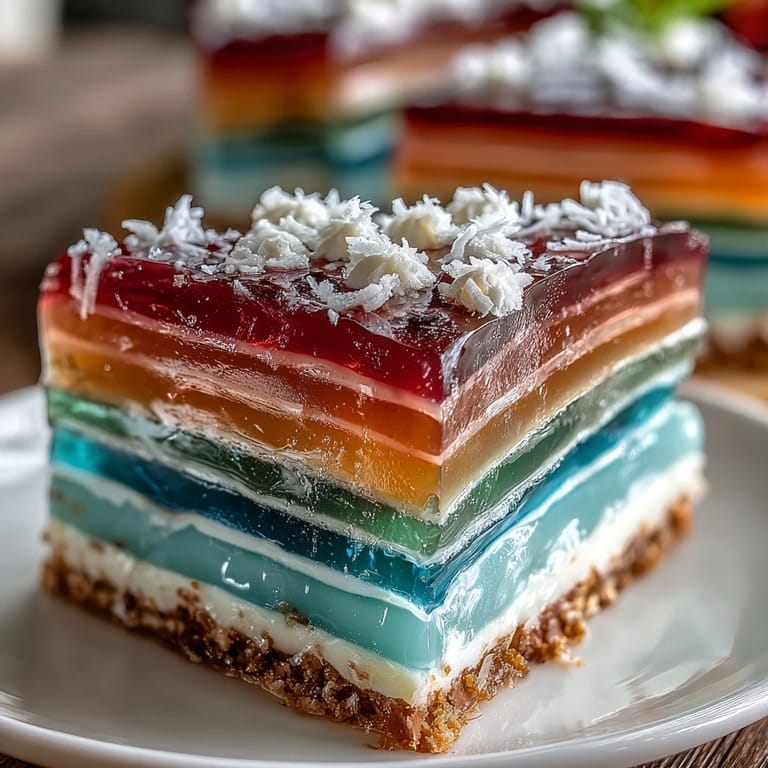 Multi-colored agar-agar jelly cake with creamy coconut topping, sliced to reveal bright rainbow layers in every piece.