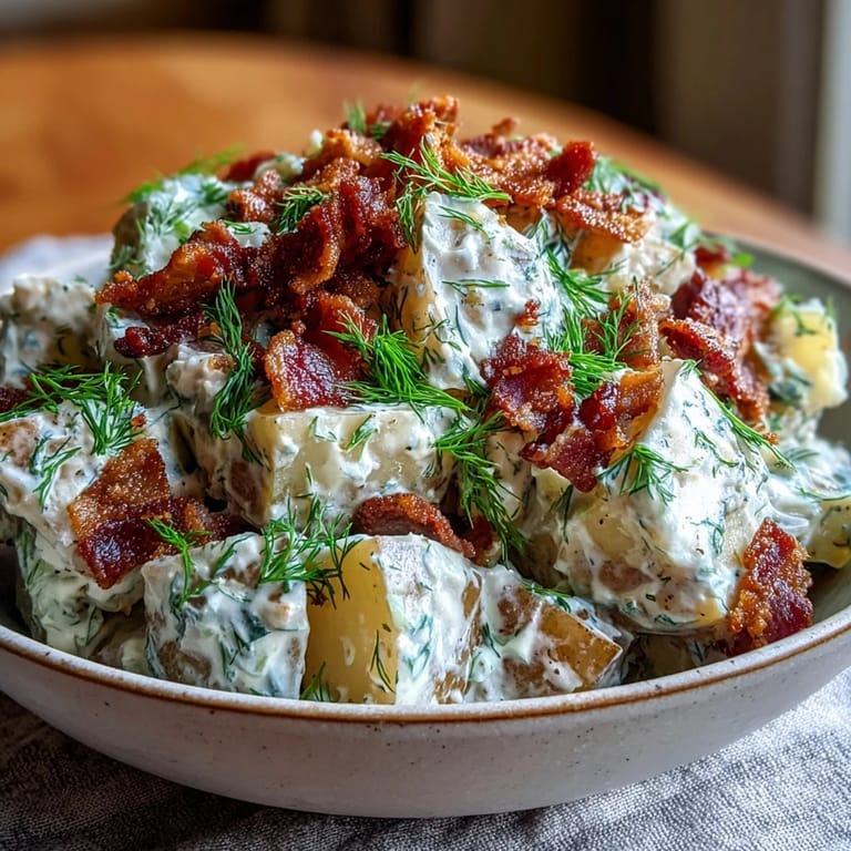 Memorial Day Potato Salad with Dill and Bacon, garnished with extra bacon crumbles and dill sprigs for a festive touch.