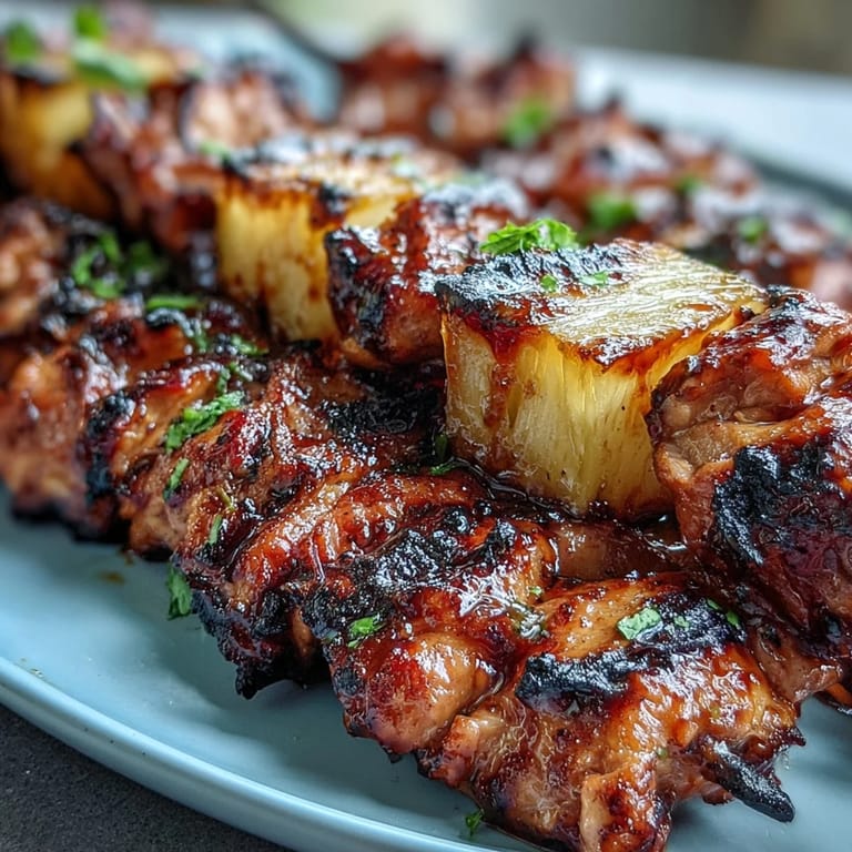 Spicy marinated chicken al pastor with sweet pineapple, charred on the grill and garnished with fresh cilantro.