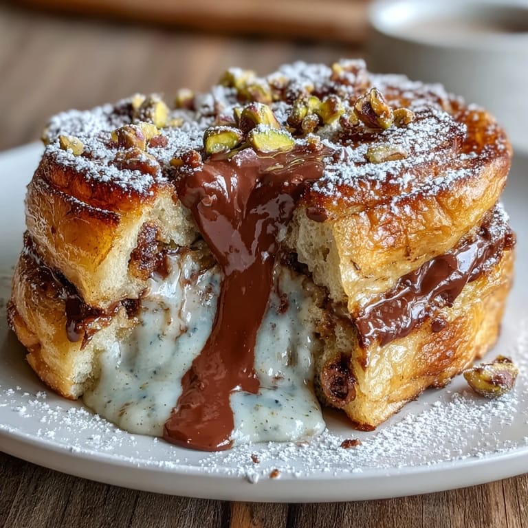 Luxurious French toast made with buttery croissants, filled with melted chocolate, and garnished with crunchy pistachios for a Dubai-inspired treat.