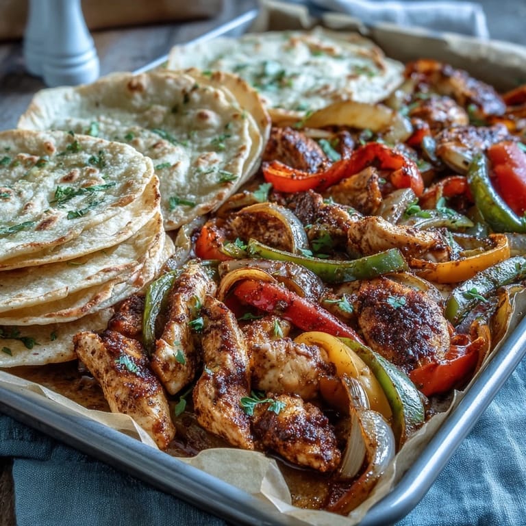 Sheet Pan Chicken Fajitas with colorful peppers, ready to be served in warm tortillas.
