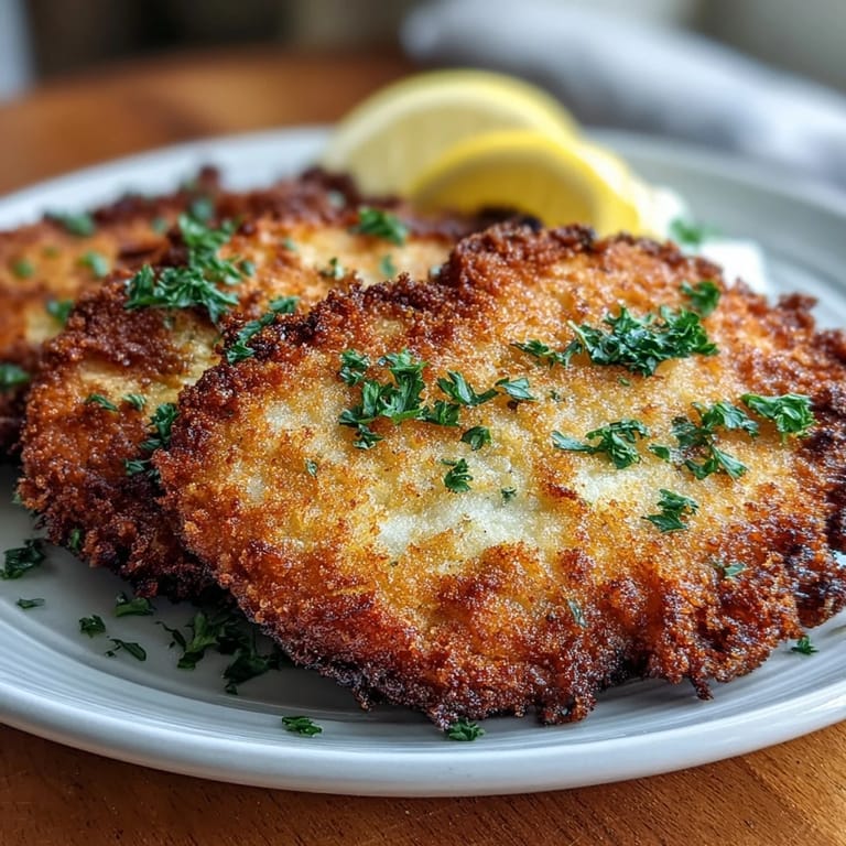 Pan-fried cabbage schnitzel slices topped with fresh parsley and lemon wedges, perfect for a meat-free dinner.  