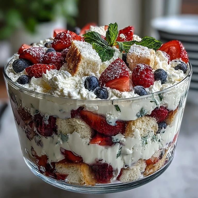 Luscious Red White Blue Berry Trifle, showing fluffy cake, creamy layers, and fresh berries.