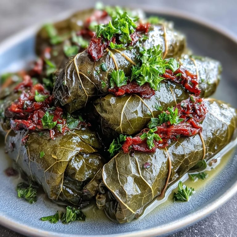 Close-up of Kurdish Dolma, showcasing perfectly rolled grape leaves and a flavorful herb-rice filling.