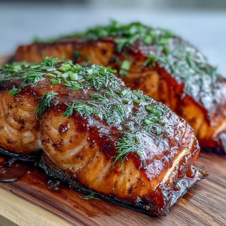 Beautifully cooked salmon on a cedar plank, garnished with fresh dill.
