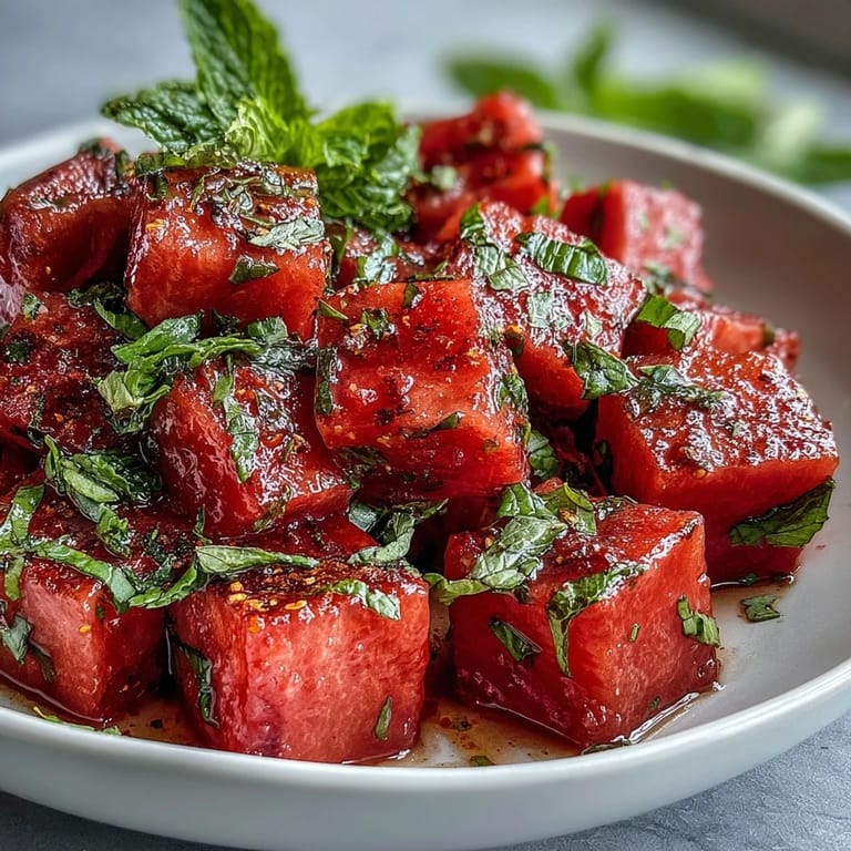 Bright Fricy Watermelon Chili Lime Salad with pops of mint, perfect for grilling.