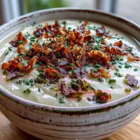 Creamy Celeriac Soup with Crispy Bacon is served warm in a rustic bowl, garnished with crunchy bacon bits and fresh chives.