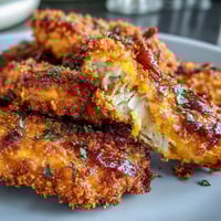 Golden Crispy Turmeric Chicken Tenders served with a creamy dipping sauce and lemon wedges.