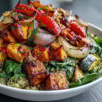 A close-up of a vibrant Warm Salad Bowl filled with quinoa, roasted sweet potato, and wilted spinach, drizzled with warm vinaigrette.