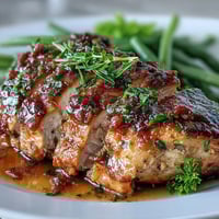 A golden-brown honey mustard chicken breast glazed with tangy sauce, served alongside vibrant green beans for a fresh and easy dinner.