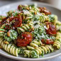 A colorful summer pasta salad with pesto and cherry tomatoes, perfect for picnics and light lunches.  