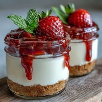 No-Bake Strawberry Cheesecake Jars with creamy filling and fresh strawberry compote in glass jars.  