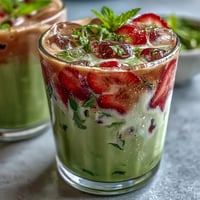 Vibrant Strawberry Matcha Latte with oat milk, featuring layers of sweet strawberry puree and earthy green tea.