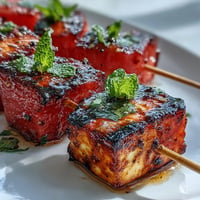 Grilled halloumi skewers with juicy watermelon cubes and fresh mint, perfect for summer barbecues or light appetizers.