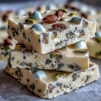 A vibrant white chocolate bark adorned with pastel Easter eggs and crunchy pistachios, perfect for springtime celebrations.