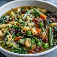 Spring Minestrone soup with vibrant green vegetables, tender pasta, and fresh herbs in a savory broth. Spring Minestrone featuring colorful peas, zucchini, and spinach in a light, aromatic vegetable soup. Hearty Spring Minestrone bowl with seasonal vegetables, ditalini pasta, and a sprinkle of Parmesan cheese.