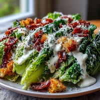 Vibrant Tahini Caesar Salad with crisp romaine, cherry tomatoes, and crunchy croutons in creamy tahini-lemon dressing.