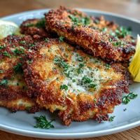 Golden-brown vegetarian cabbage schnitzel with crispy breadcrumb coating served on a wooden board.  