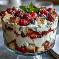 Red White Blue Berry Trifle with angel food cake, a festive berry layered dessert.