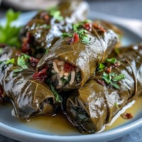 Tender Kurdish Dolma: plump stuffed grape leaves glistening in olive oil, ready to serve.