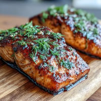 Plump cedar plank salmon glistening with sweet maple Dijon glaze, ready to grill.